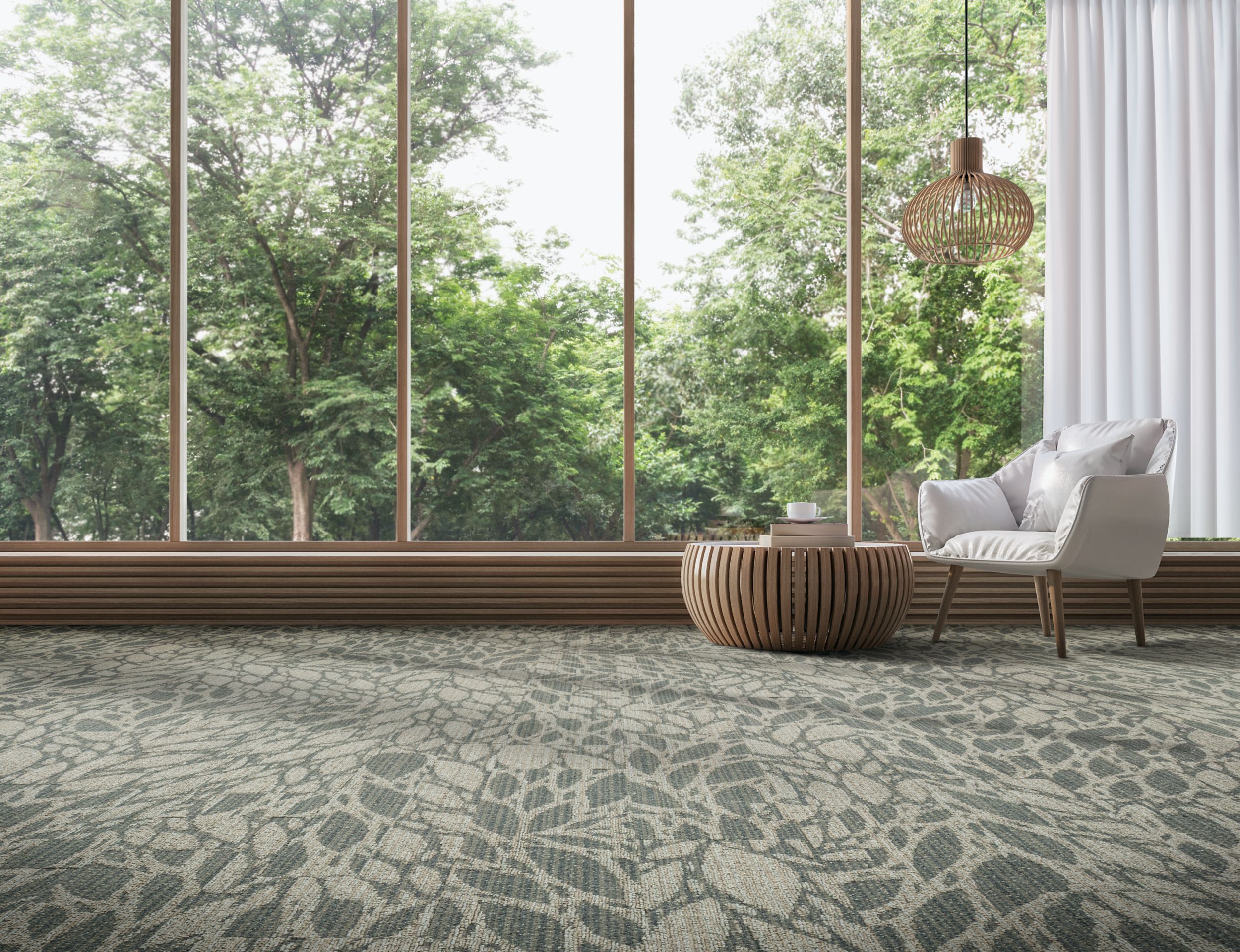 Interface GN157 plank carpet tile in public space with white accent chair image number 1